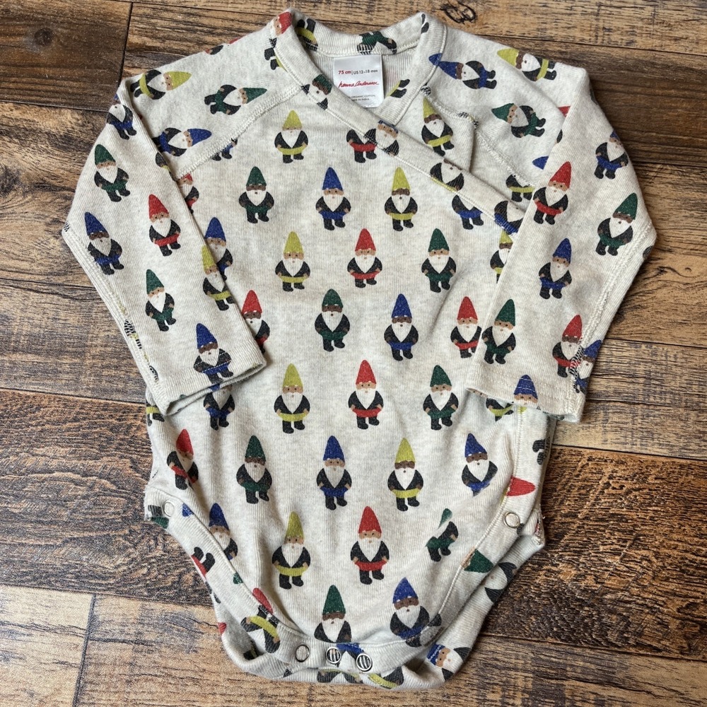 Hanna Andersson Long Sleeve Bodysuit Unisex Baby 12-18m Organic Cotton Gnomes